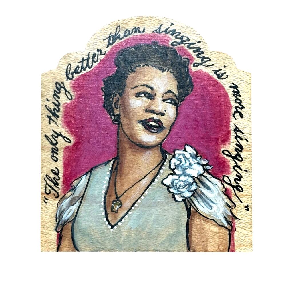 Handmade Ella Fitzgerald artisan brooch hand painted on wood musical icon singer